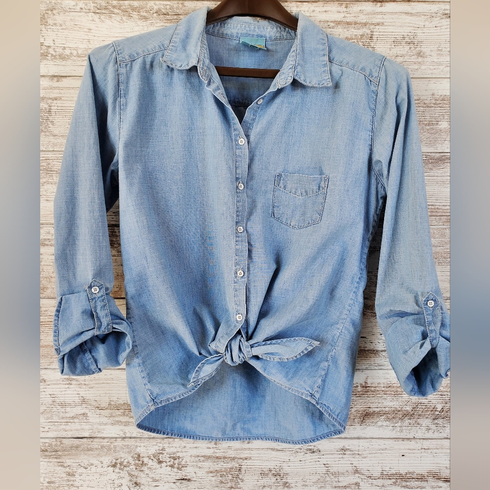 C&C California Chambray Tie Front Button Down Shirt Blue